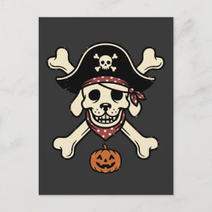 Cartão Postal Cachorro Pirata Vintage Halloween Crânio Ossos Cru