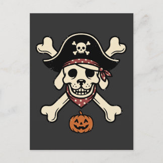 Cartão Postal Cachorro Pirata Vintage Halloween Crânio Ossos Cru
