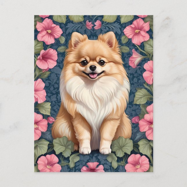 Cartão Postal Cachorro Pomerano Cachorro Com Petunias Rosa (Frente)