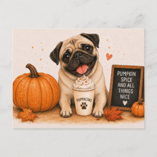 Cartão Postal Cachorro Pug Cozy Pumpkin Spice Puppaccino