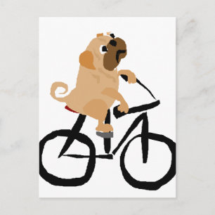 Cartão Postal Cachorro Pug Engraçado Andando de Bicicleta