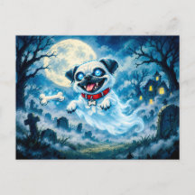 Cachorro Pug Fantasma de Halloween Sobre Cemitério