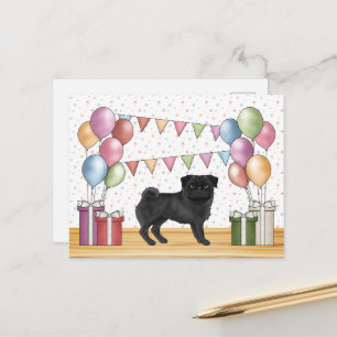 Cartão Postal Cachorro Pug Preto Balões Coloridos de Aniversário