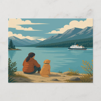 Cartão Postal Cachorro Retriever Dourado Lago Montanha Cena da B