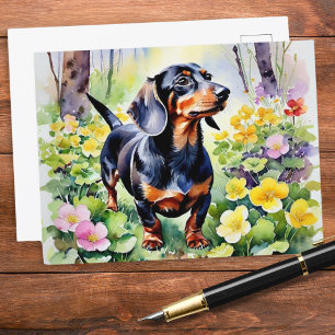 Cartão Postal Cachorro Salsicha Dachshund Fofo Flores Primaveras