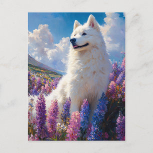 Cartão Postal Cachorro Samoyed Flores de Lupino Roxas