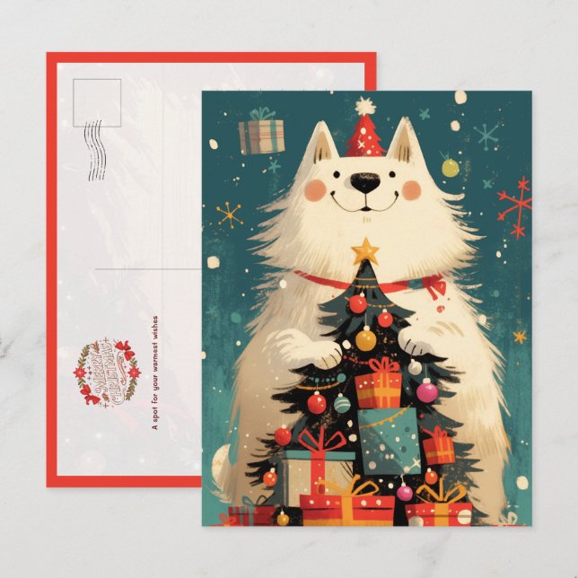 Cartão Postal Cachorro Samoyed fofo com Natal (Frente/Verso)