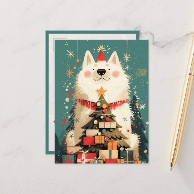Cartão Postal Cachorro Samoyed fofo com Natal (Frente/Verso In Situ)