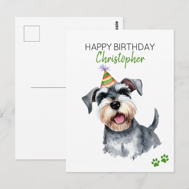Cartão Postal Cachorro Schnauzer Aniversário Personalizado Feliz (Frente/Verso)