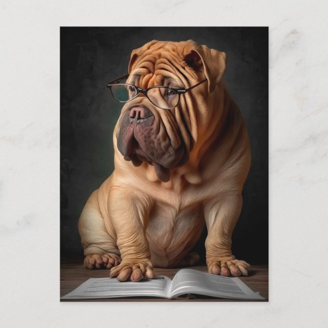 Cartão Postal Cachorro Shar Pei Inteligente com Design de Livro (Frente)