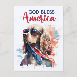 Cartão Postal Cachorro Spaniel Patriótico, Deus Abençoe a Améric