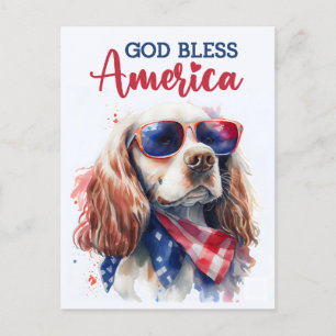 Cartão Postal Cachorro Spaniel Patriótico, Deus Abençoe a Améric