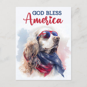 Cartão Postal Cachorro Spaniel Patriótico, Deus Abençoe a Améric