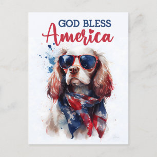 Cartão Postal Cachorro Spaniel Patriótico, Deus Abençoe a Améric