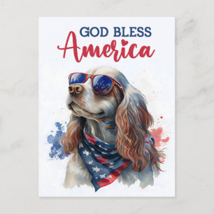 Cartão Postal Cachorro Spaniel Patriótico, Deus Abençoe a Améric