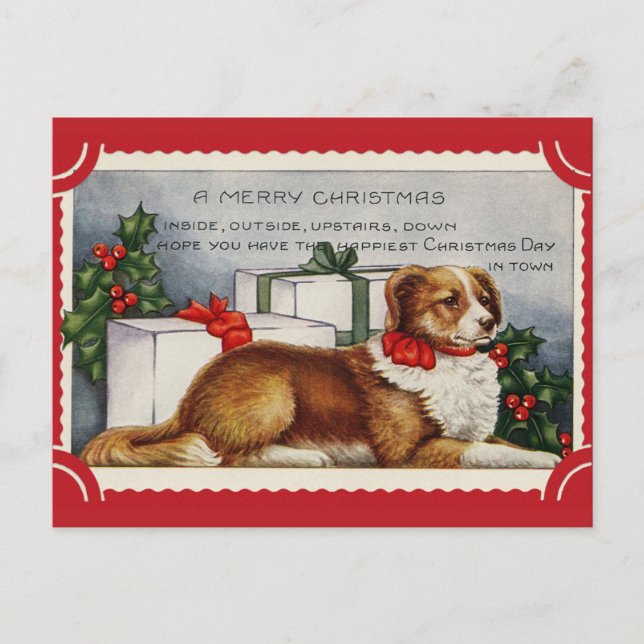 Cartão Postal Cachorro Vintage Bonito Feliz Natal (Frente)