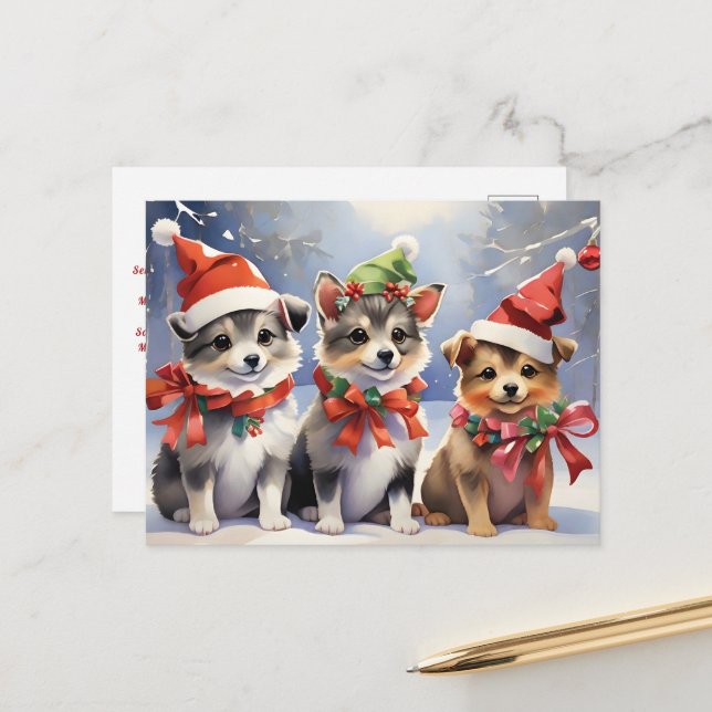 Cartão Postal Cachorros de Natal bonitos com Chapéus Santa (Frente/Verso In Situ)