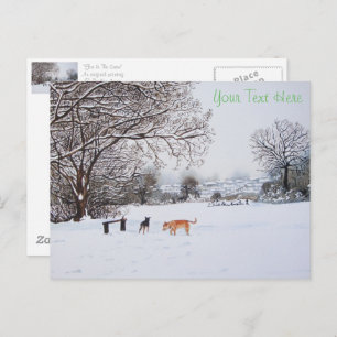 Cartão Postal cachorros tocando paisagem de neve no natal