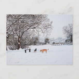 Cartão Postal cachorros tocando pintura de paisagem com neve