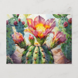 Cartão Postal Cacto Aquarela com Flores do Deserto Vibrantes