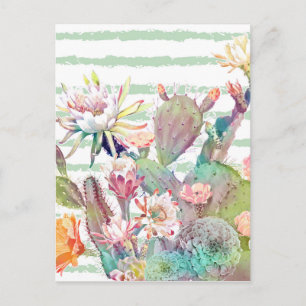 Cartão Postal Cacto de aquarelas, design de listras e flores