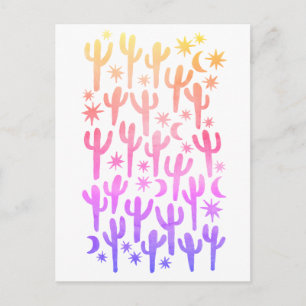 Cartão Postal Cacto Saguaro Deserto Noturno Pôr do Sol Aquarela