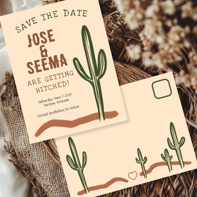 Cartão Postal Cacto Saguaro do Oeste Selvagem Desenho Manual Per (Wild West Saguaro Cactus Hand-Drawn Custom Save The Date Postcard
)