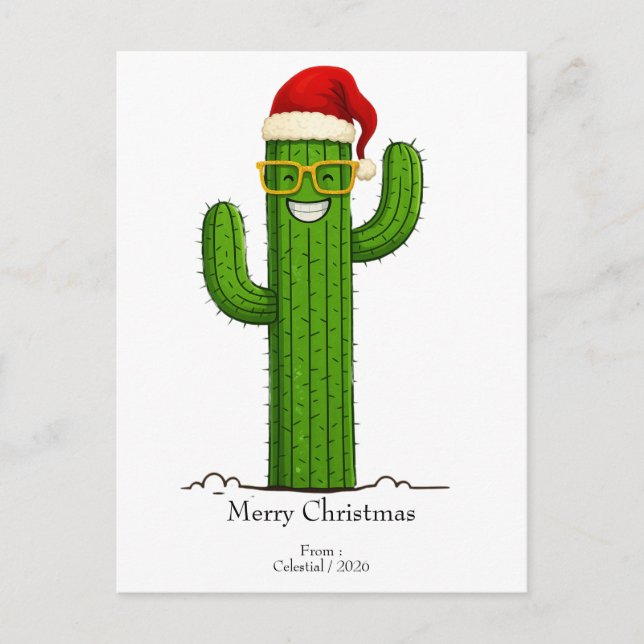 Cartão Postal Cactus de Natal engraçado com Papai Noel e Óculos (Frente)