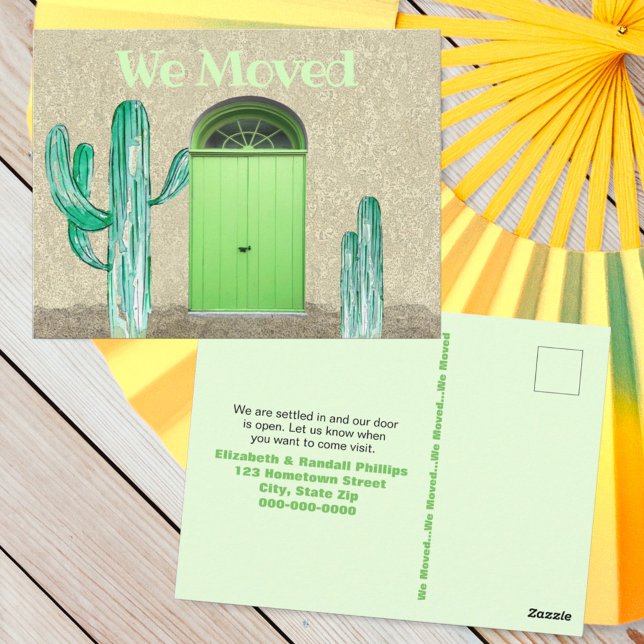 Cartão Postal Cactus Green Door, nós mudamos o anúncio (template postcard front & back address change)