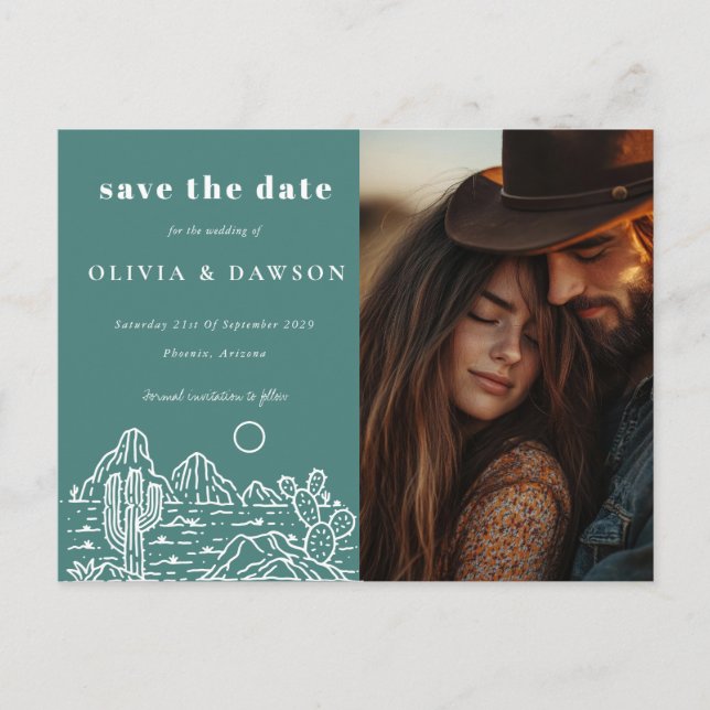 Cartão Postal Cactus Line Art Desert Foto para Salvar a Data (Frente)