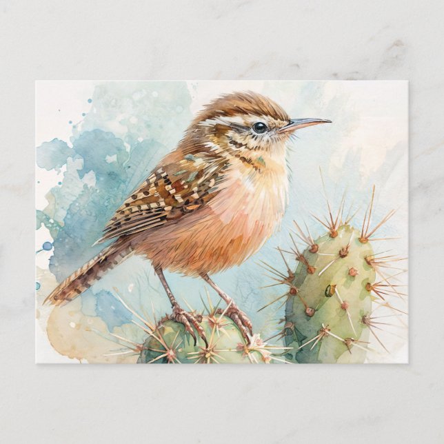 Cartão Postal Cactus Wren Watercolor (Frente)