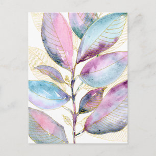 Cartão Postal Caderno Espiral de Folhas Botânicas em Aquarela Pa