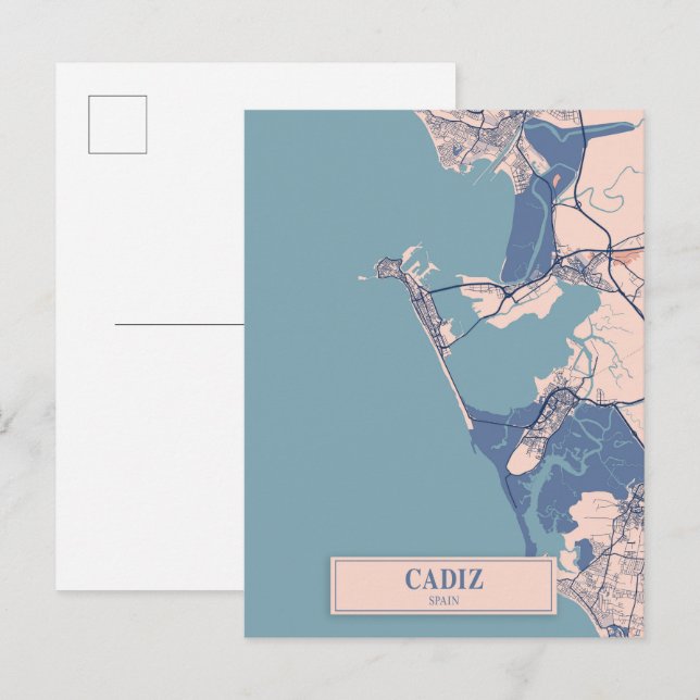 Cartão Postal Cádis Espanha Mapa da Cidade Ventilada Viagem (Frente/Verso)