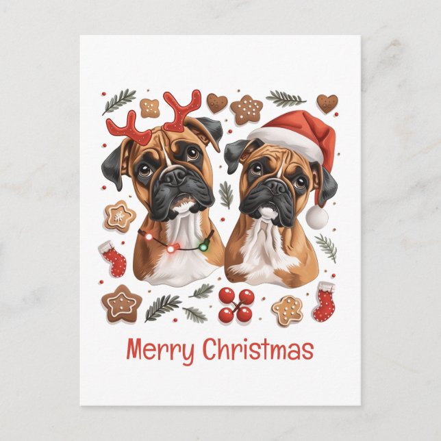 Cartão Postal Cães Boxer Feliz de Natal (Frente)