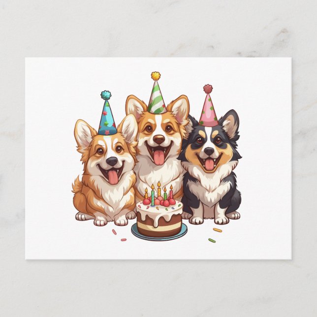 Cartão Postal Cães Corgi de Aniversário (Frente)