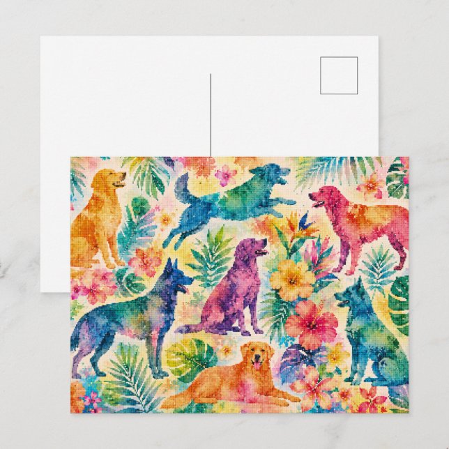Cartão Postal Cães de Aquarela Tropical (Frente/Verso)