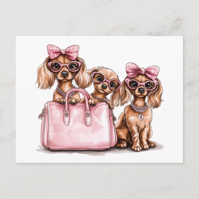 Cartão Postal Cães de Dachshund Fashionáveis, Bolsa Rosa (Frente)