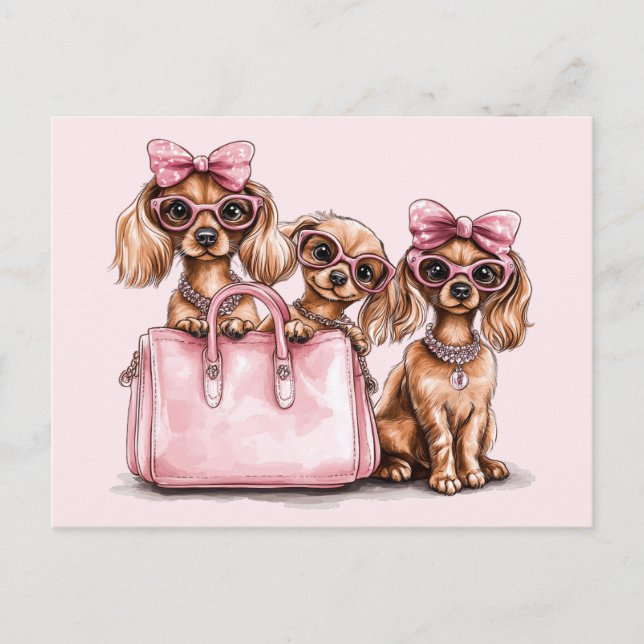 Cartão Postal Cães de Dachshund Fashionáveis, Bolsa Rosa (Frente)