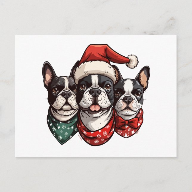 Cartão Postal Cães de Natal em Boston Terrier (Frente)
