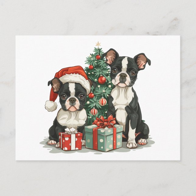 Cartão Postal Cães de Natal em Boston Terrier (Frente)