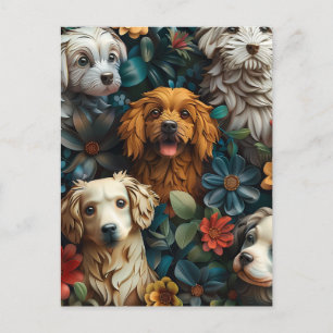 Cartão Postal Cães e flores coloridas design
