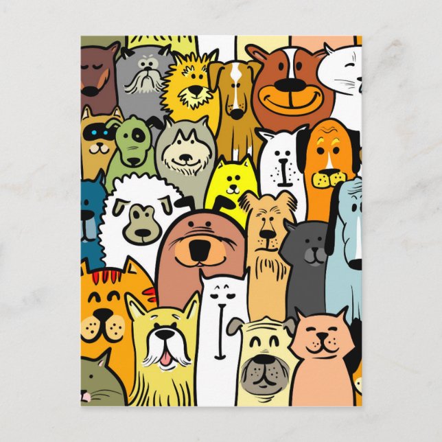 Cartão Postal Cães e gatos ilustrados (Frente)