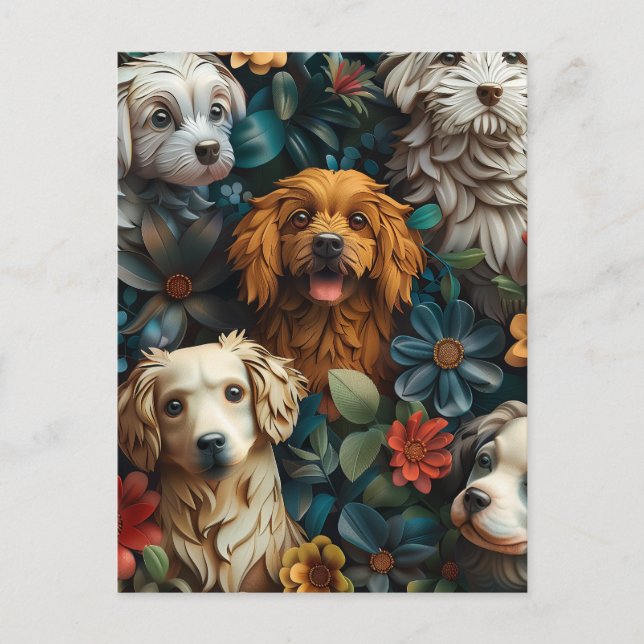 Cartão Postal Cães fofos e design de flores coloridas (Frente)