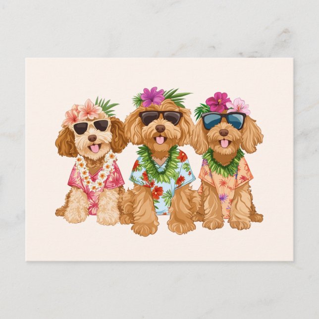 Cartão Postal Cães Goldendoodle Havaianos Flor Lei (Frente)