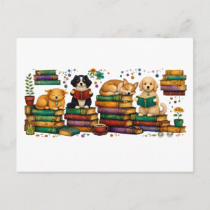 Cartão Postal Cães Lendo Livros Cena Aconchegante de Biblioteca