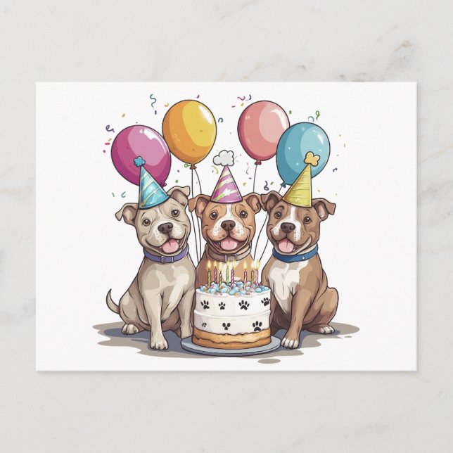 Cartão Postal Cães Pit Bull de Aniversário (Frente)