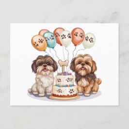 Cartão Postal Cães Shih Tzu de Aniversário Bolo de Aniversário