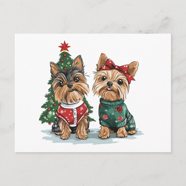 Cartão Postal Cães Yorkie de Natal (Frente)