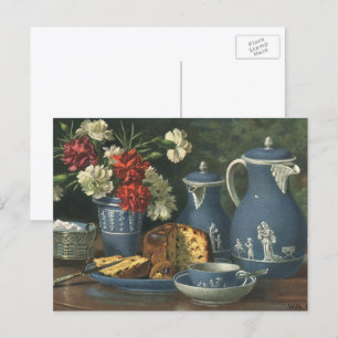 Cartão Postal Café à tarde da Vintage, Bolo, Chá e Flores