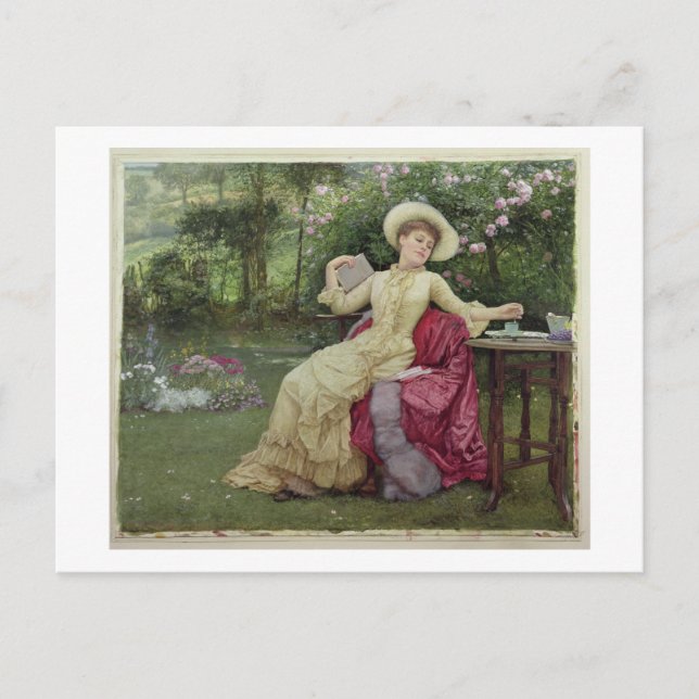 Cartão Postal Café bebendo e Leitura no Jardim (c/c em (Frente)